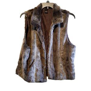 Womens XL Faux Fur Vest With Pockets Brown Gray Striped Pattern Polyester Warm S